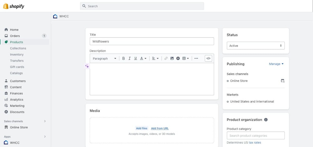 Shopify admin panel screenshot adding new "Wildflower" product