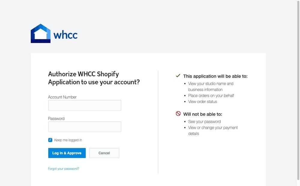 "Authorize WHCC Shopify Application to use your account?" sign in form screenshot