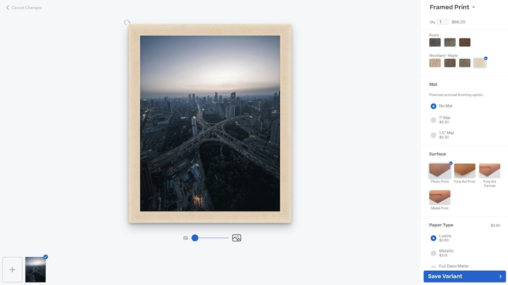 Screenshot of WHCC Framed Print editor with a customized Shopify variant and "Save Variant" button