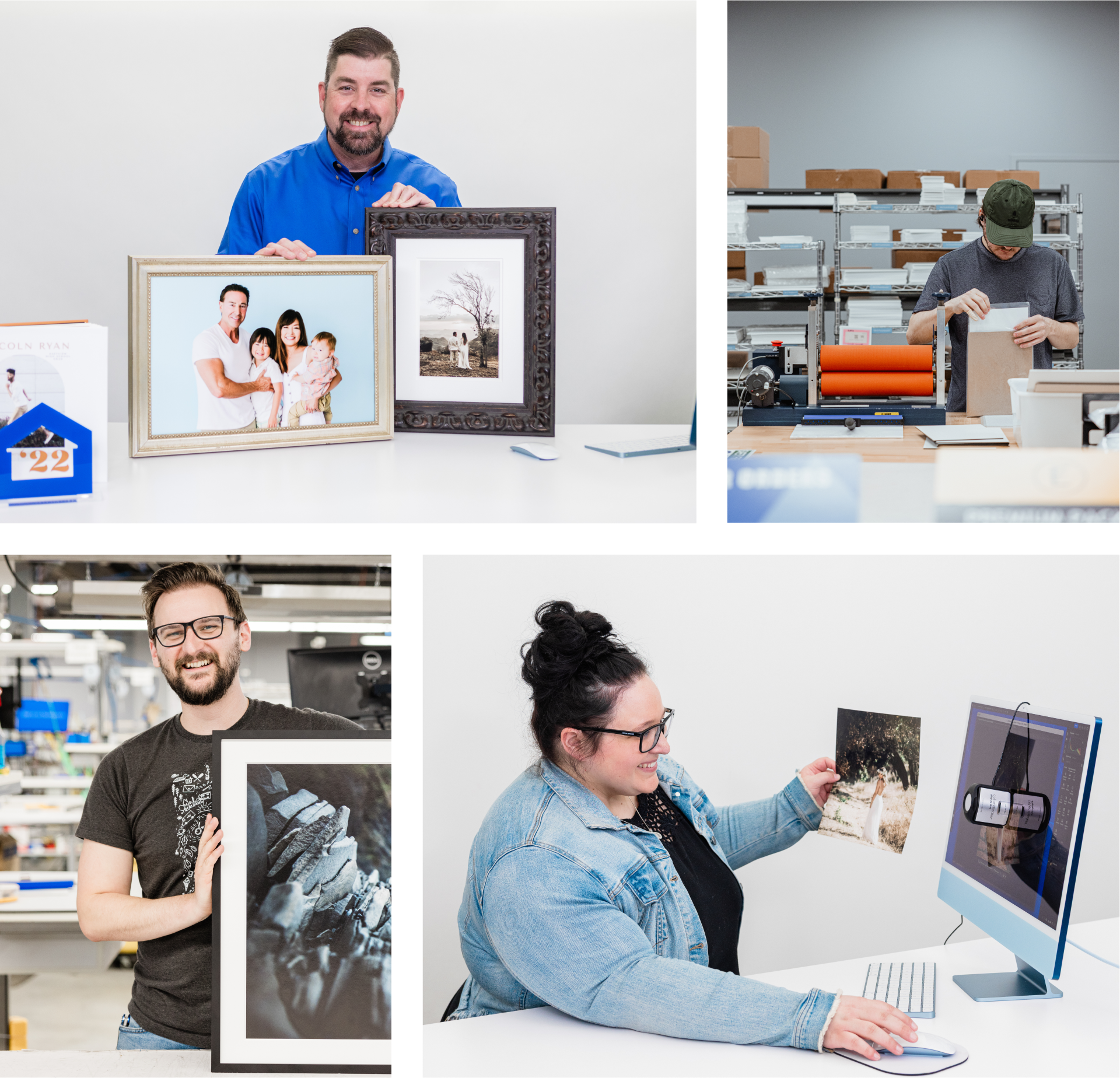 collage of individuals showcasing hand-crafted construction and finished pro quality framing of photo prints and fine art prints