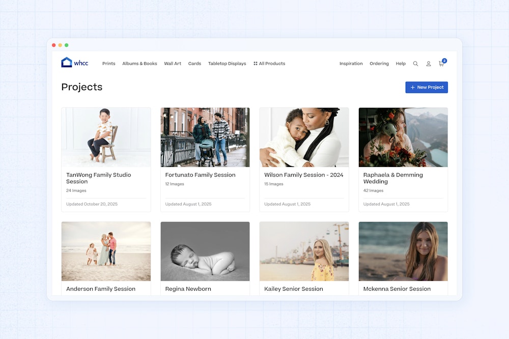Screenshot of the "Projects" page within an account on the WHCC website featuring a grid of projects for various portrait photography sessions displayed within a minimal browser window over a light blue grid pattern background