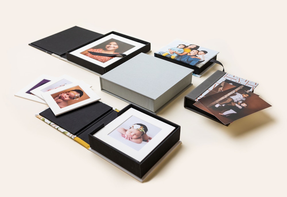 3-panel fabric cover Print Boxs in rectangle and square sizes with loose and mounted portrait prints