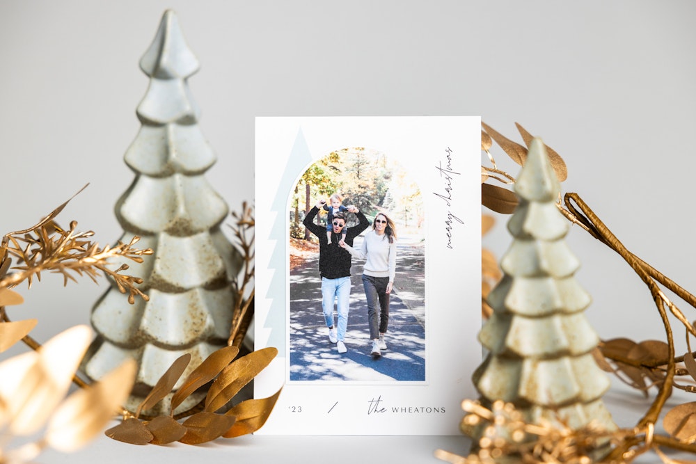 Holiday card design styled with gold leaves and tree decor