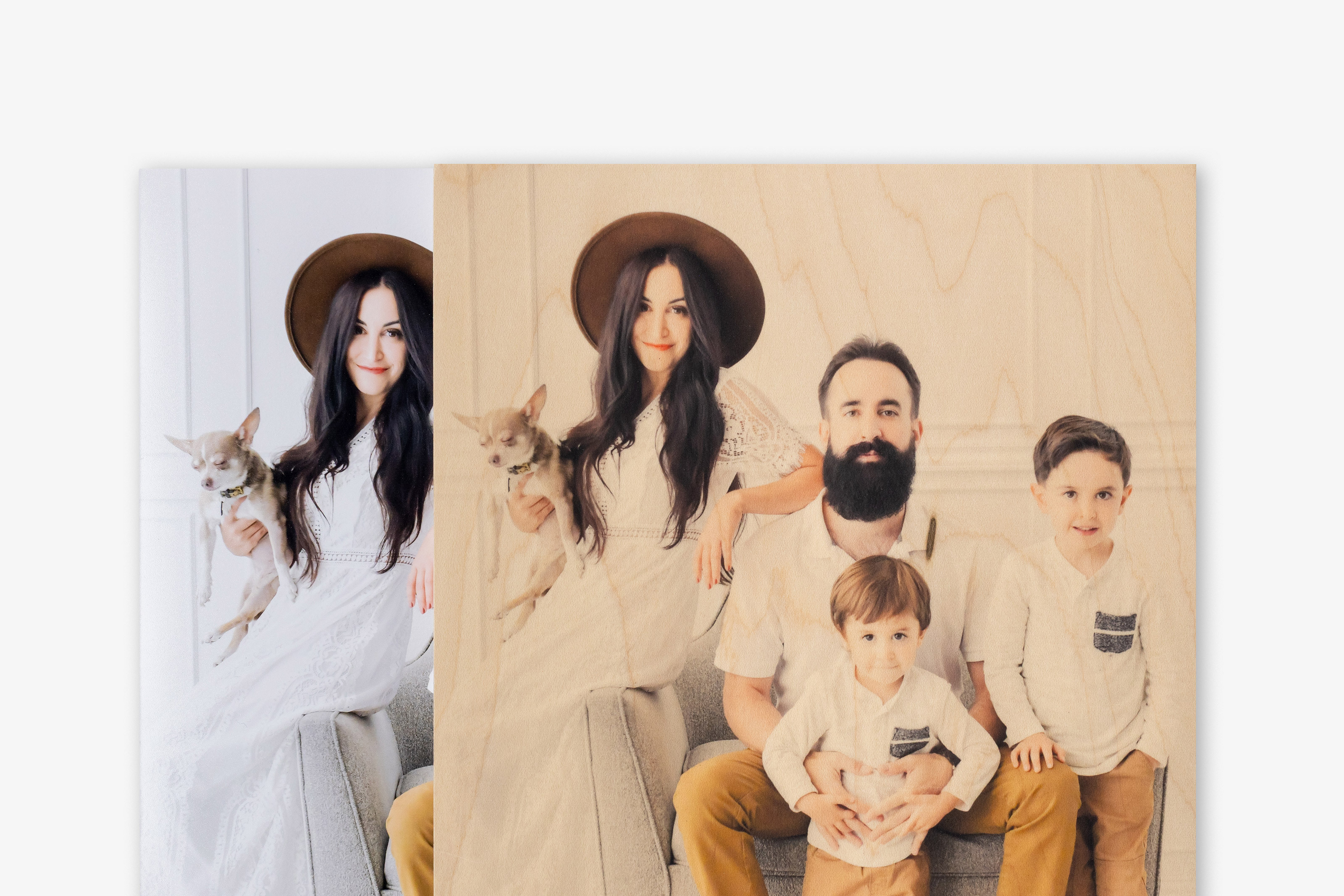 Lustre photo print next to a wood print professionally printed with the same family portrait to compare how the wood grain shows through on the wood print.