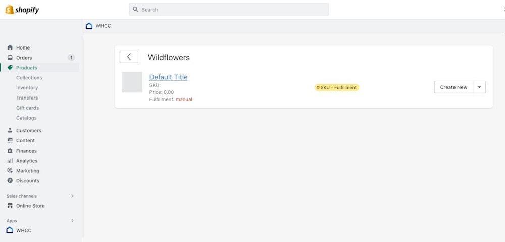 Shopify admin panel screenshot adding new variant to "Wildflower" product