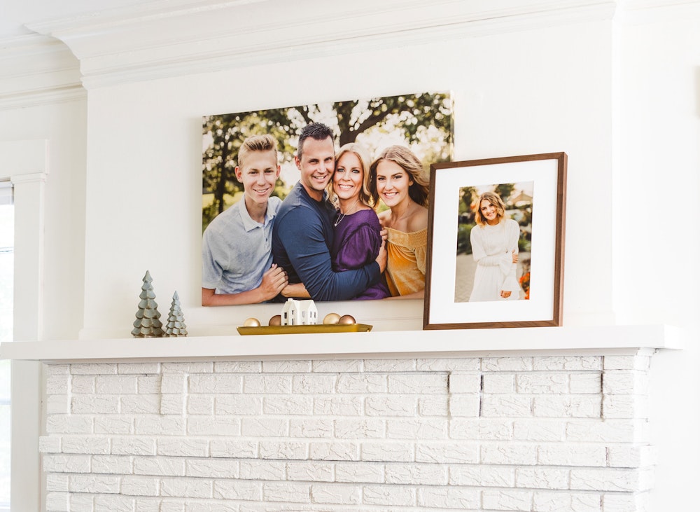 Holiday Gallery Wrap Layered with Walnut Frame Lifestyle Over Fireplace