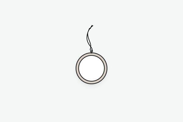 Line illustration of a circular bamboo Framed Ornament with a metal eyelet hanger and cord