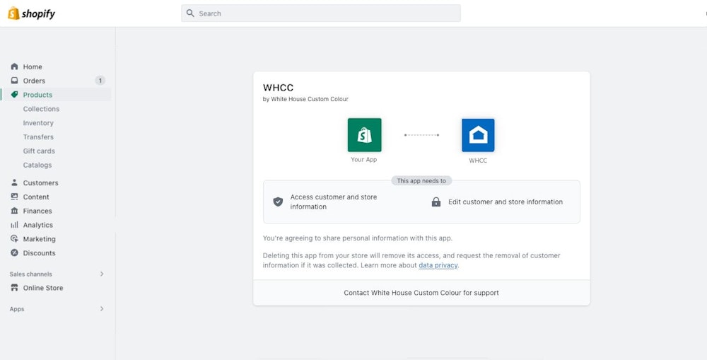 Screenshot of Shopify admin panel prompting permission to install the WHCC App