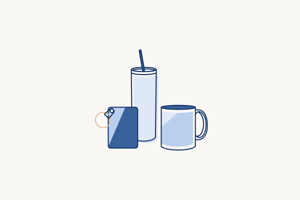 Dark blue outline style illustration of a custom printed Bag Tag, Insulated Travel Mug, and Coffee Mug