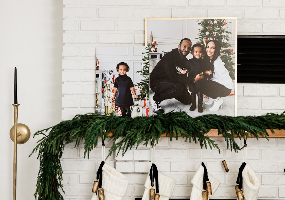 Modern Metal Gold Frame Paired with Standout on Holiday Garland Fireplace Mantel