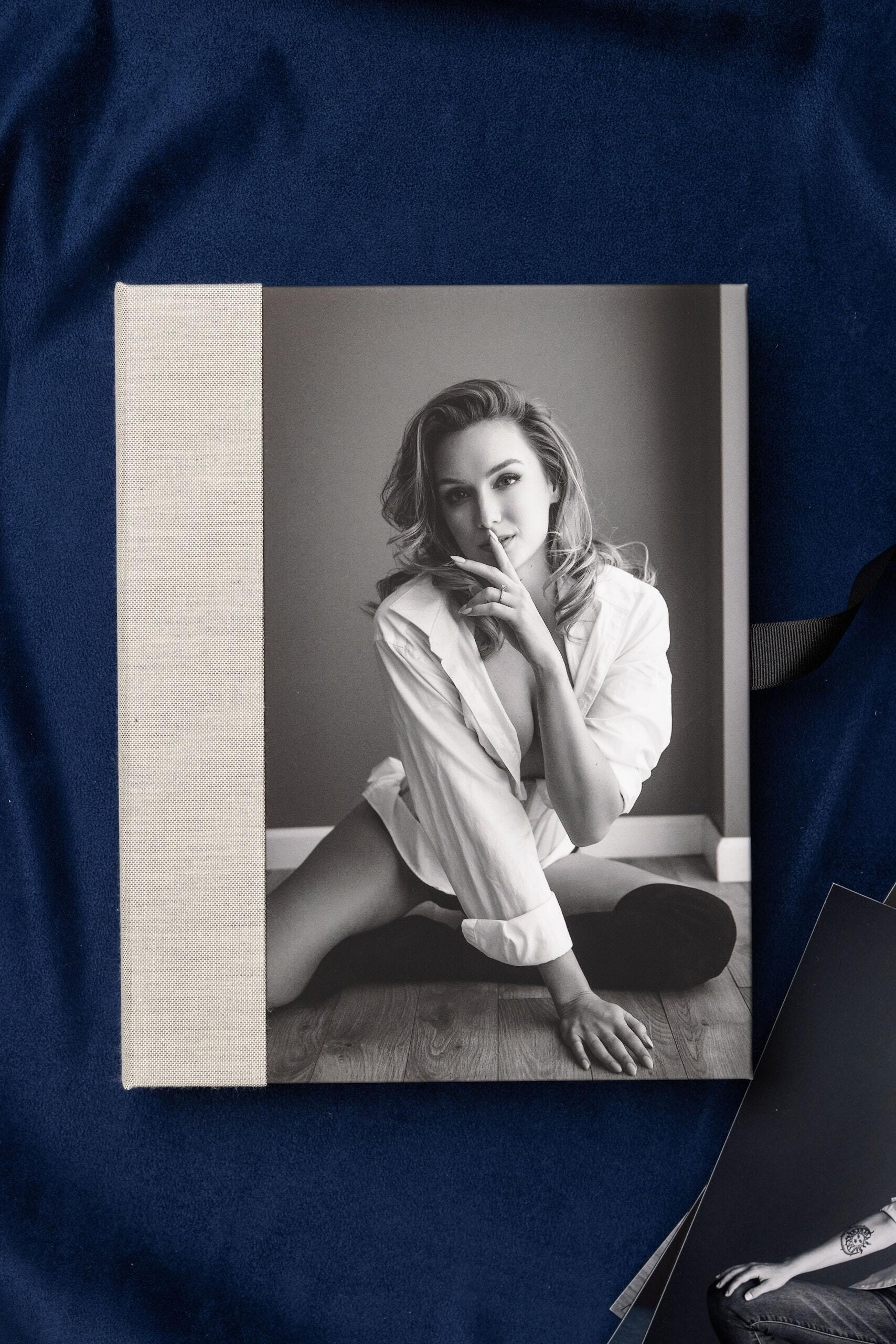 Print Box with a linen Combo Cover featuring a black and white boudoir portrait
