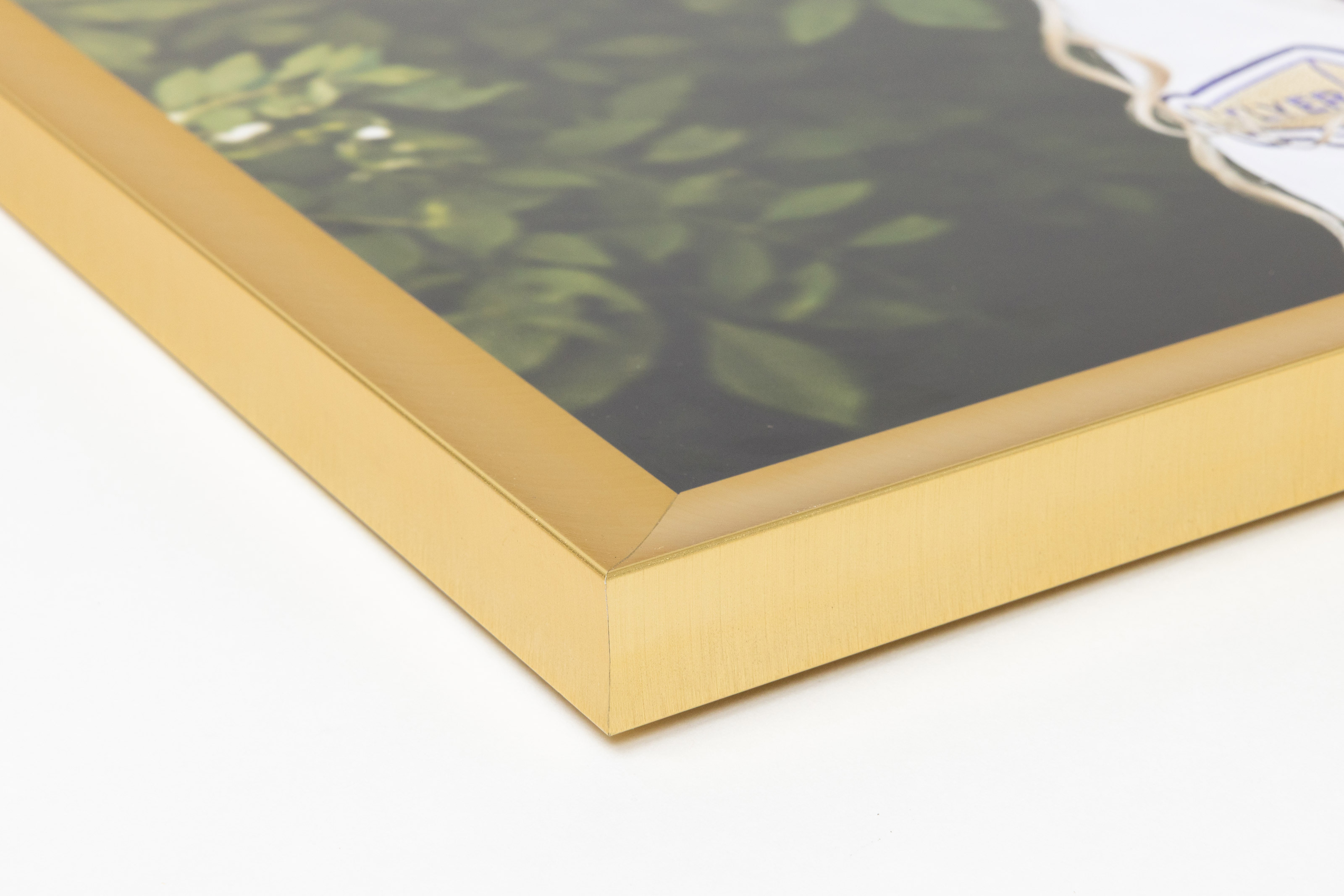 Close-up corner of a Frosted Gold Metal Framed Print moulding on a white background