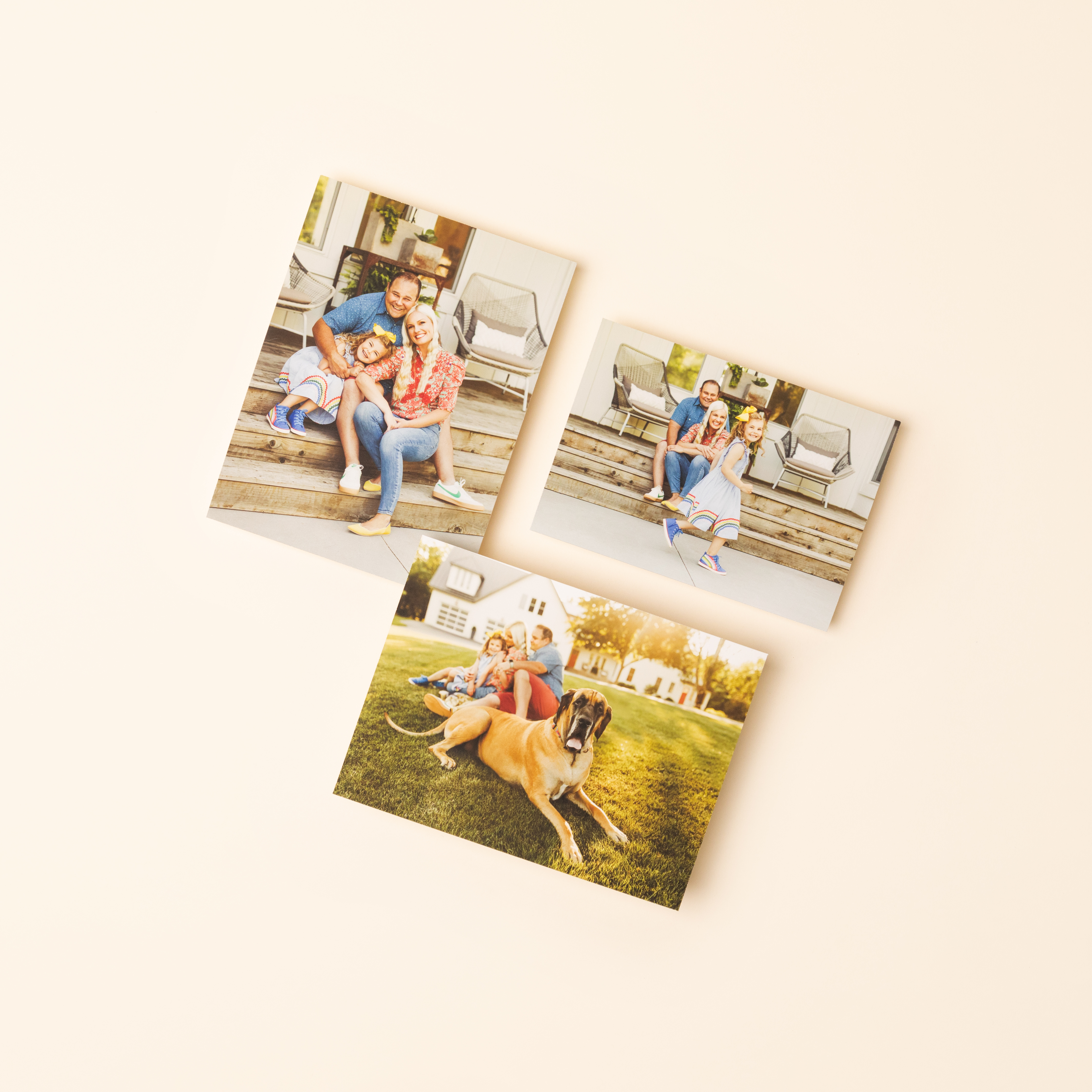 Three Fine Art Prints, showing a family with a dog, lay on a plain cream background