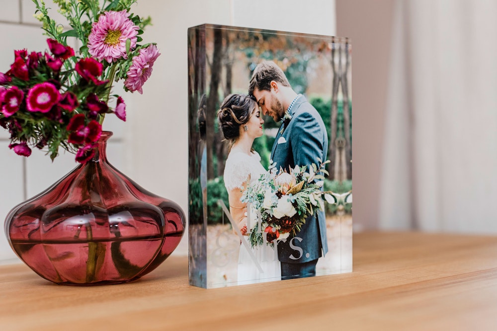 Wedding Mr. & Mrs. Engraved Acrylic Block styled with Vase and forals