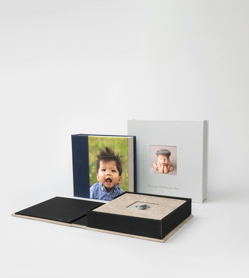 Multiple 3-panel Album Boxes, one open flat with album inside