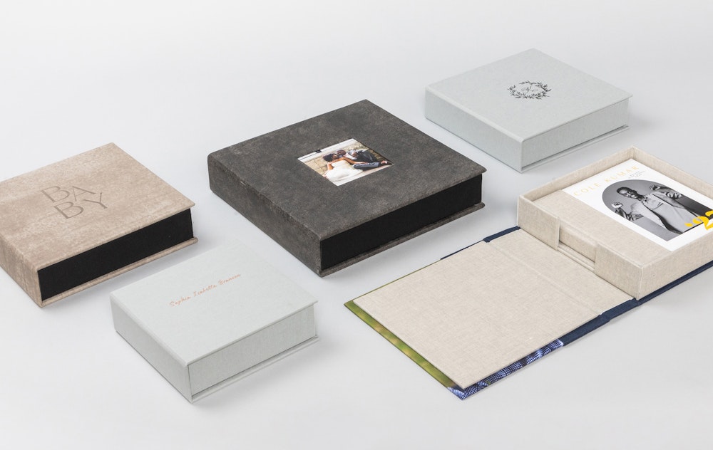 Grid of multiple Album Boxes with different cover styles and debossing designs