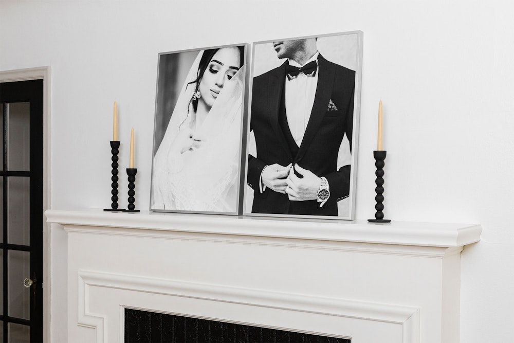 Black and white wedding Fine Art Prints in Silver Modern Metal Frame styled in home on mantel