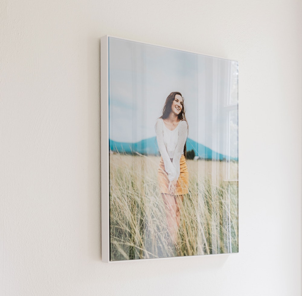WHCC Framed Acrylic Print with white frame senior girl on wall