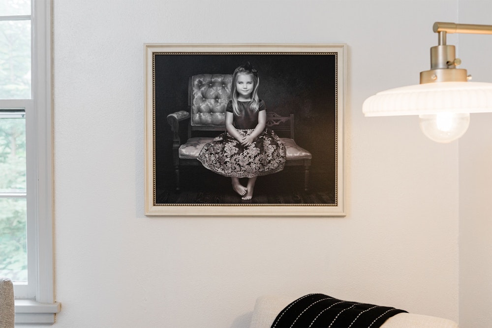 WHCC Giclee Printed Portrait Canvas in Hudson Ivory Frame styled in home