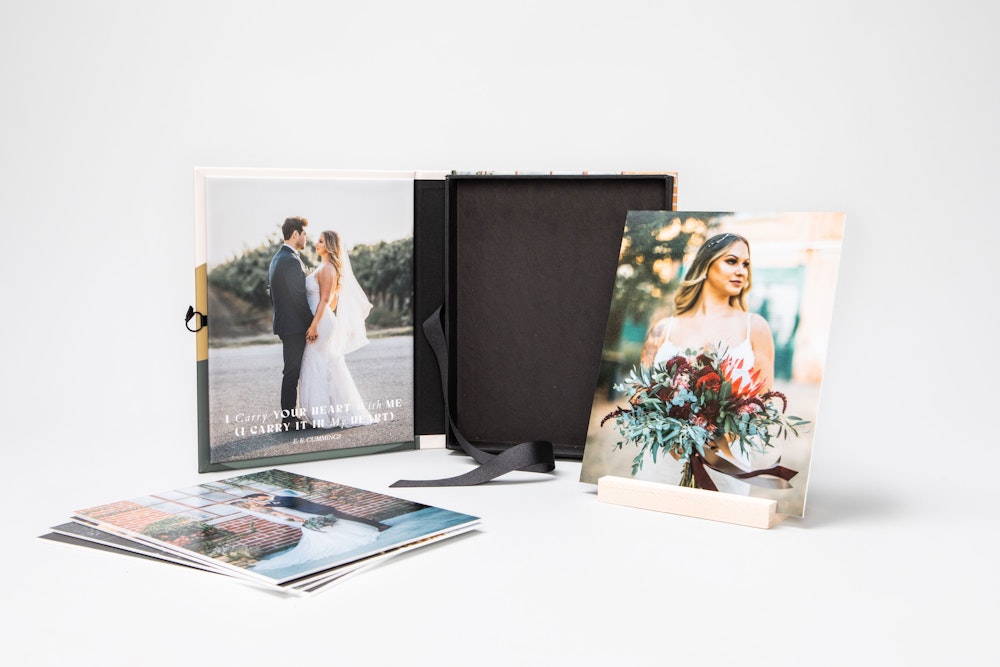 Whcc 8 x 10 image box with inside image panel with mounted prints and print in stand