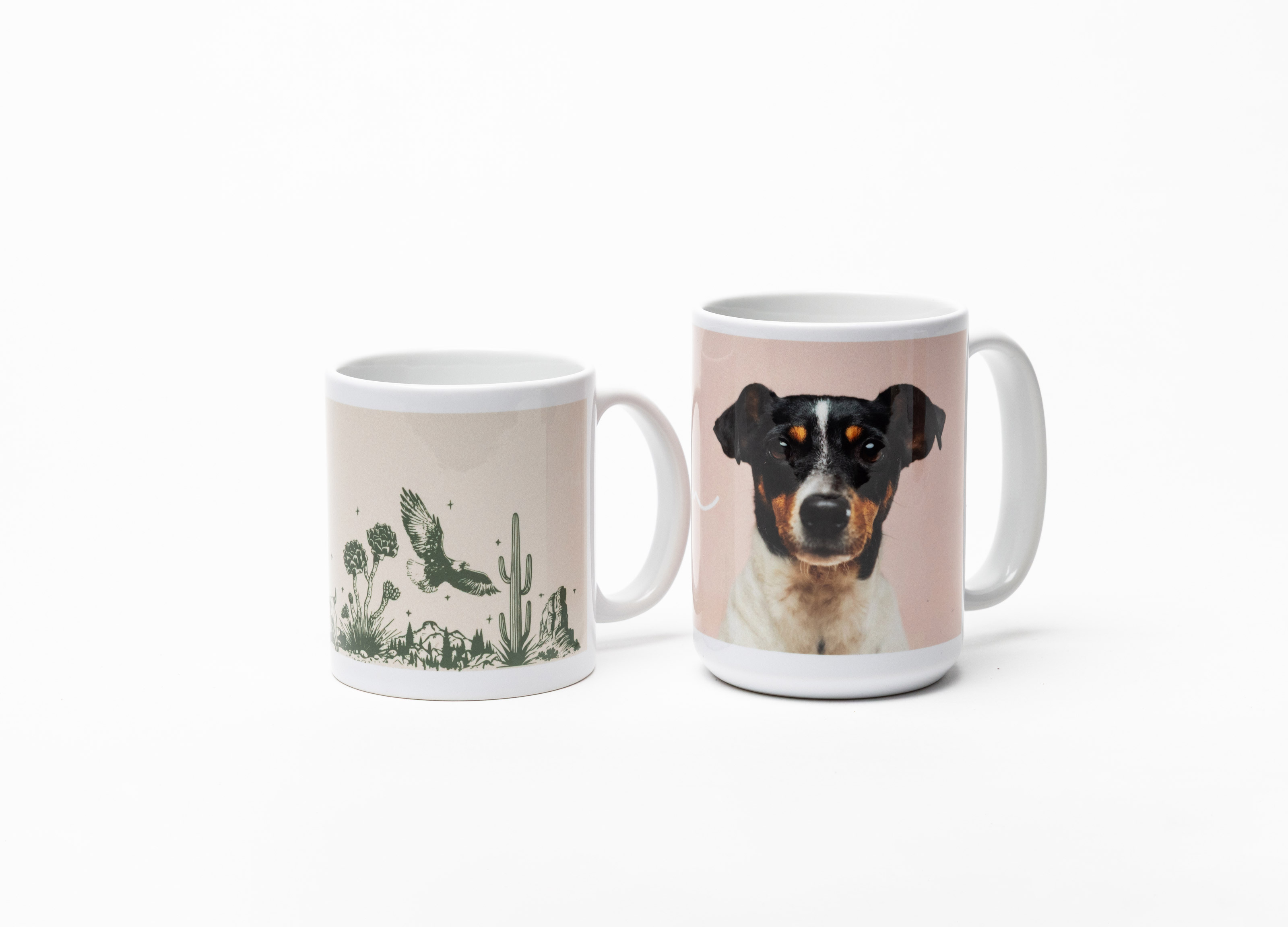 11oz mug with printed illustration design and 15 oz mug with dog pet portrait on white background