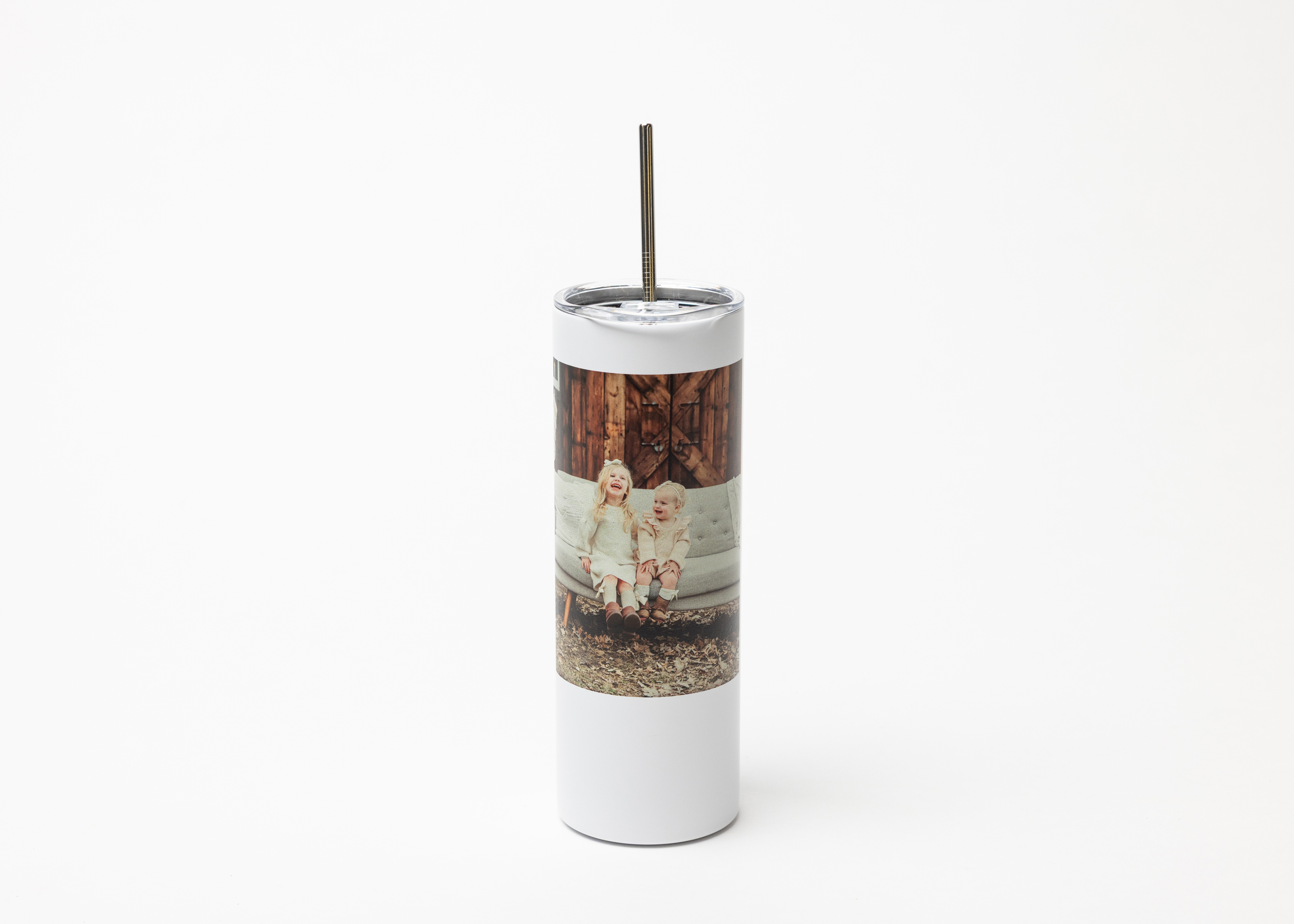 Insulated Travel Mug printed with a professional portrait of two children for a personalized gift on white background