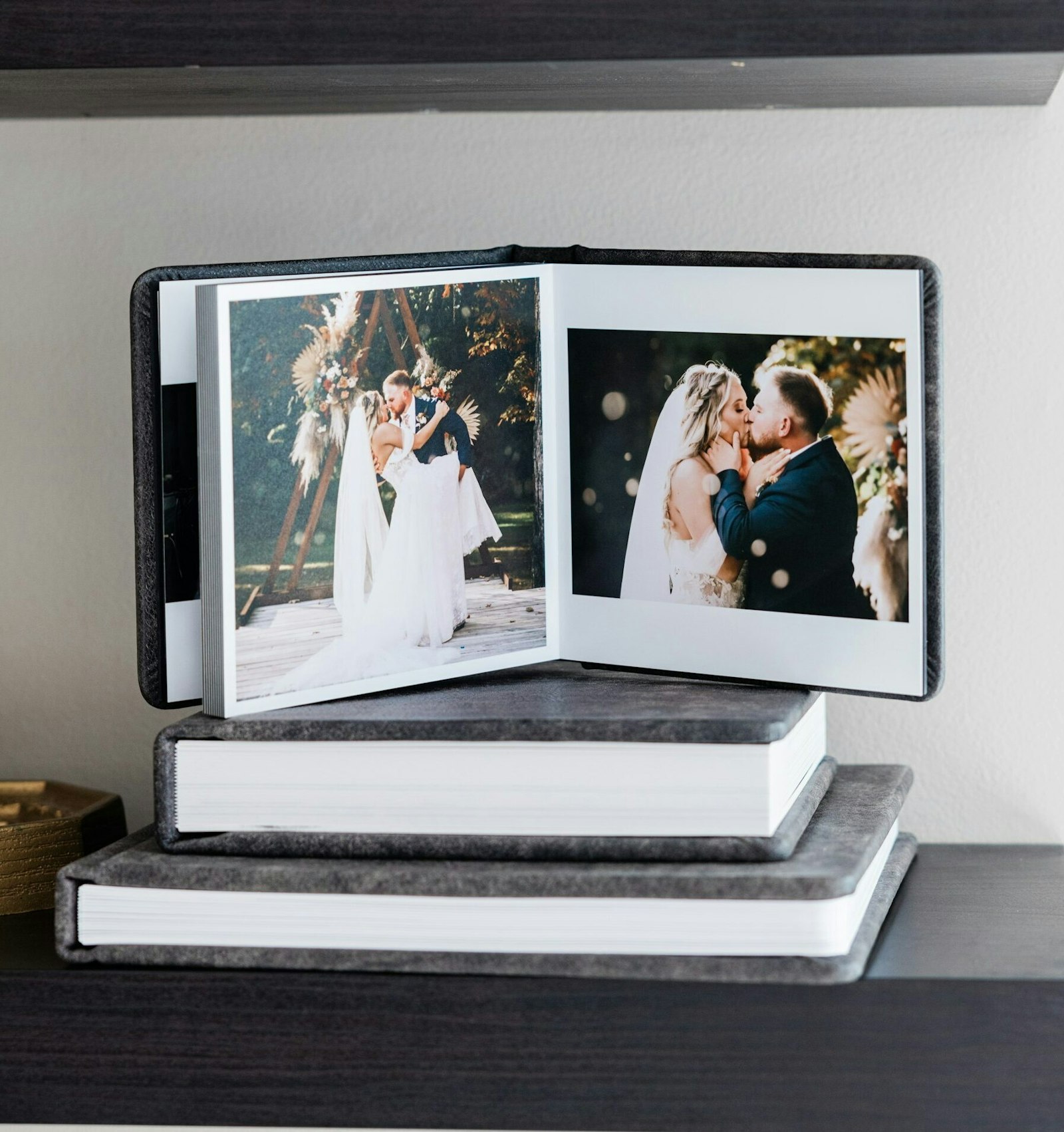 Open heirloom album with a seamless interior spread