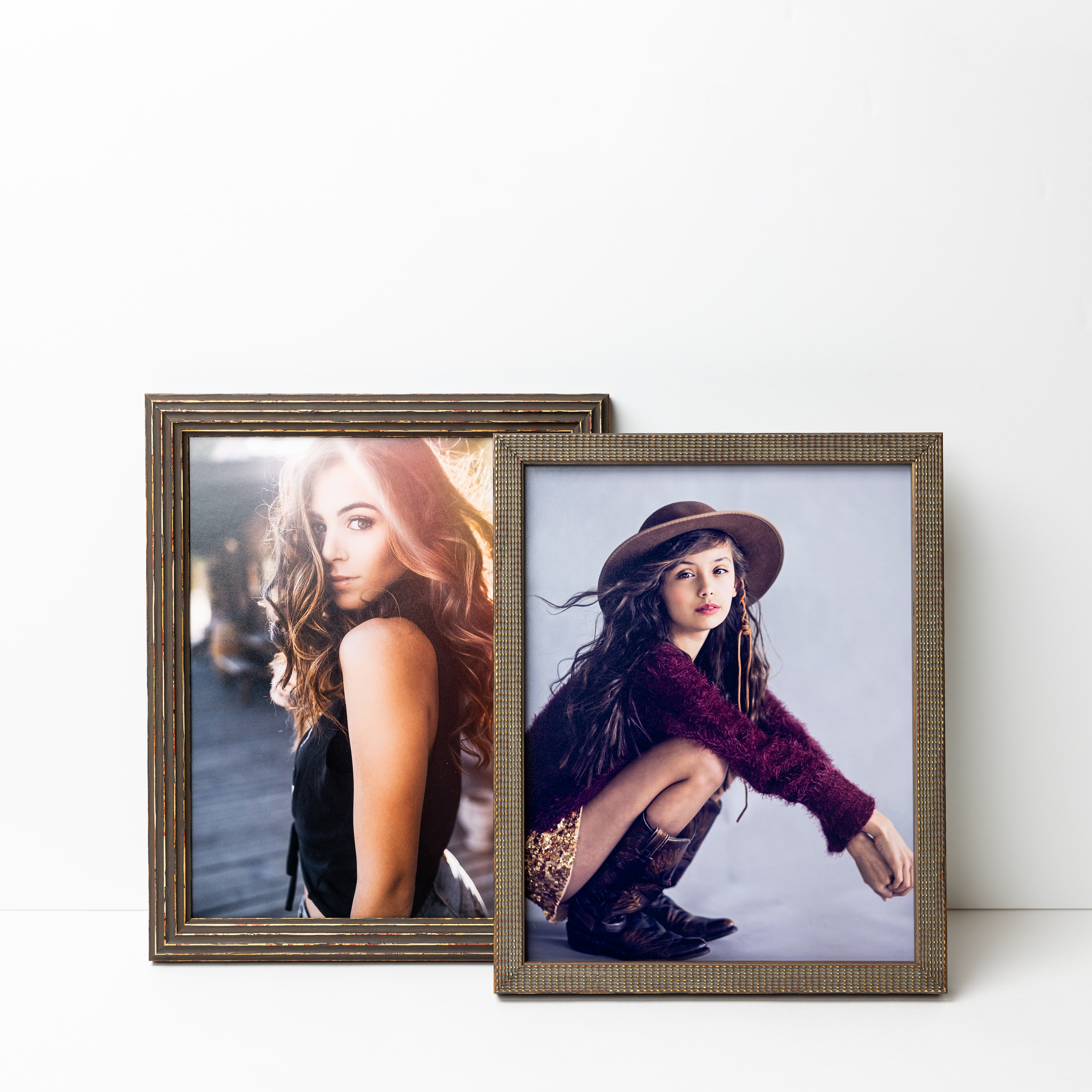 Two photographs in patina frames featuring a girl wearing a cowboy hat, showcasing her style and personality.