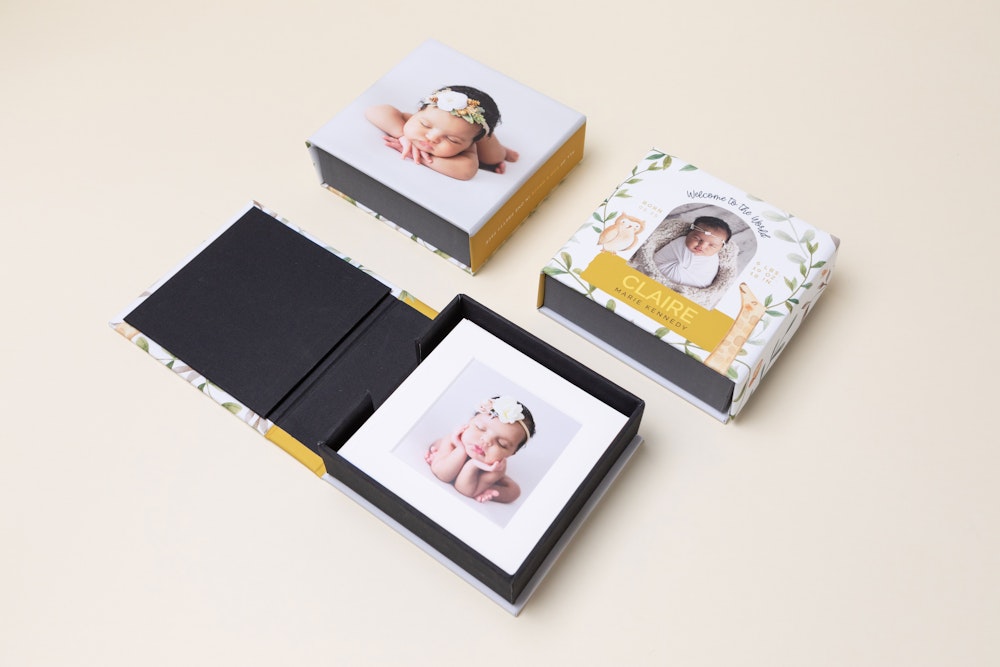 3 Square Baby Image Boxes with one styled open