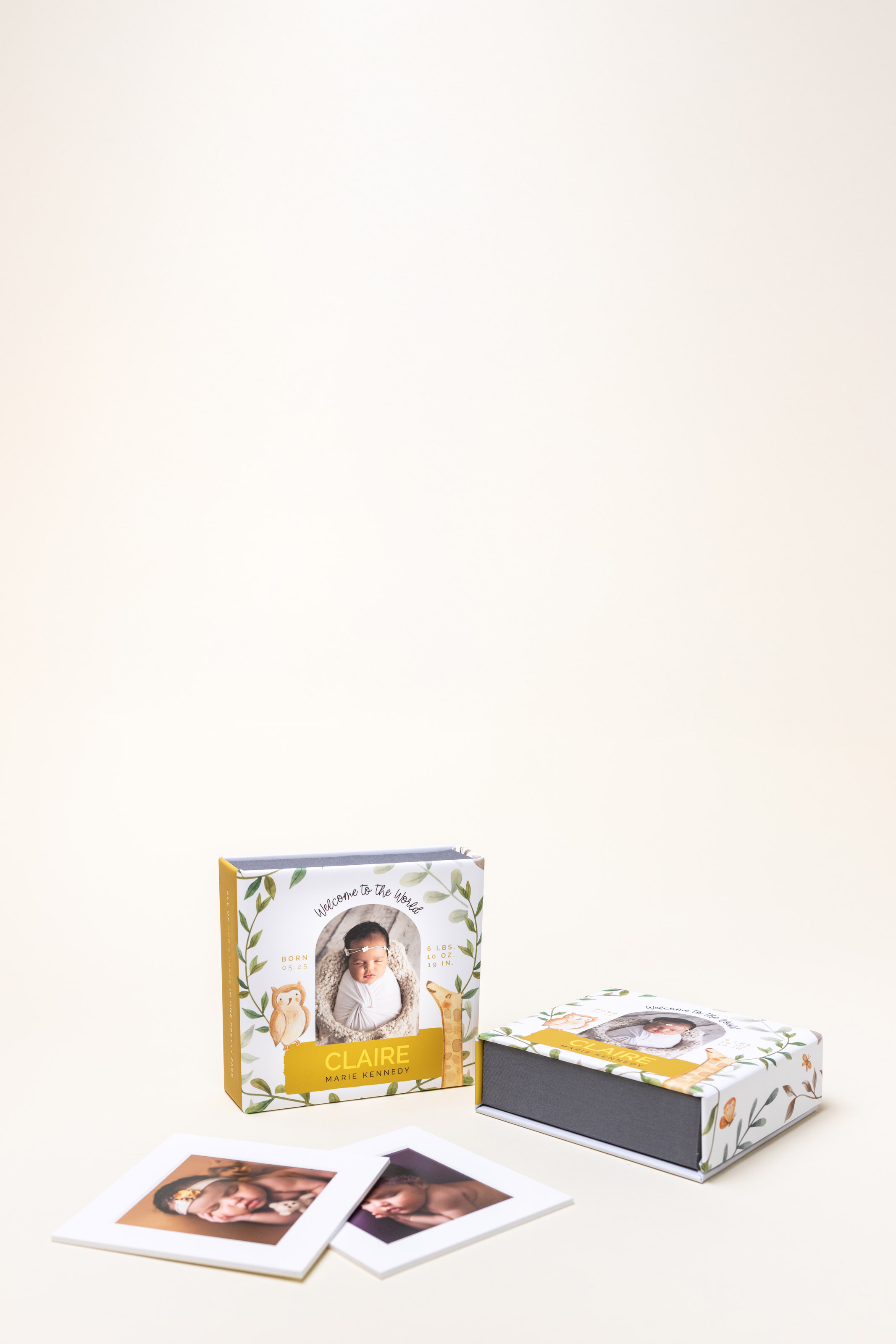 Two 4-Panel Print Boxes with custom photo covers featuring newborn photography printed on the cover and matted prints, displayed on cream background