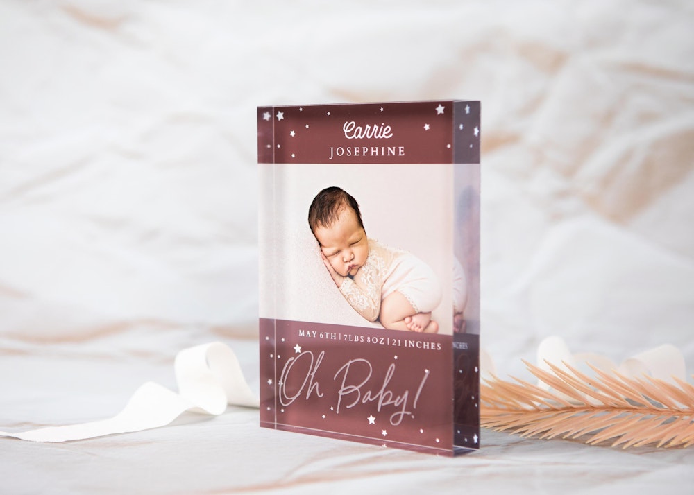 Oh Baby! Acrylic Block design styled with ribbon