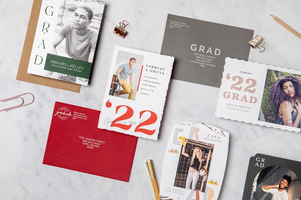 Multiple Graduation Flat Cards and Printed Envelopes Flatlay