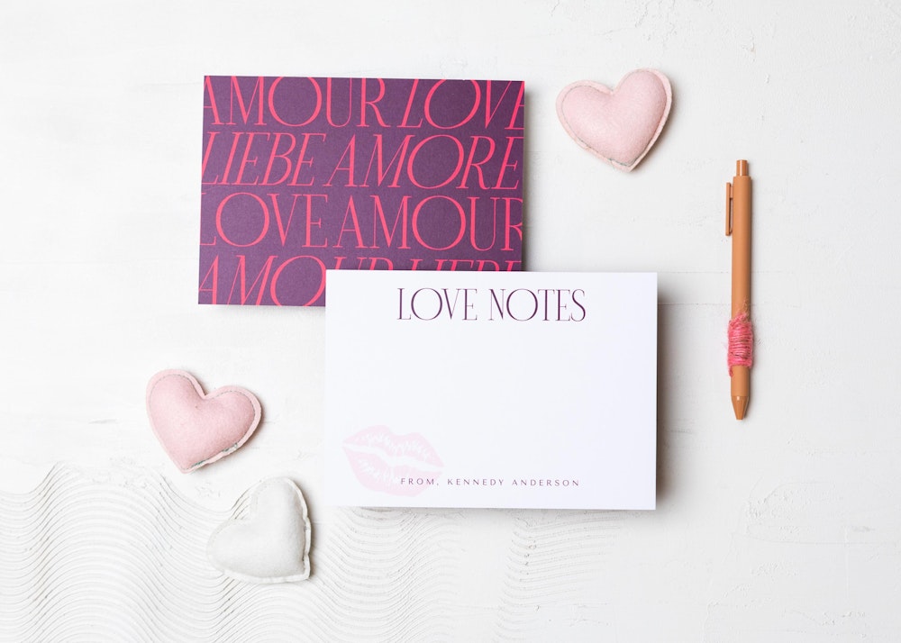 Valentines Day "Love Notes Stationery" card design styled with pen and hearts