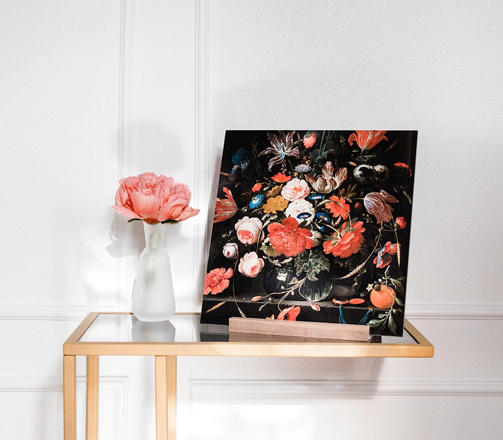 Florals square Photo Rag Baryta Fine Art Print in wood display stand on side table