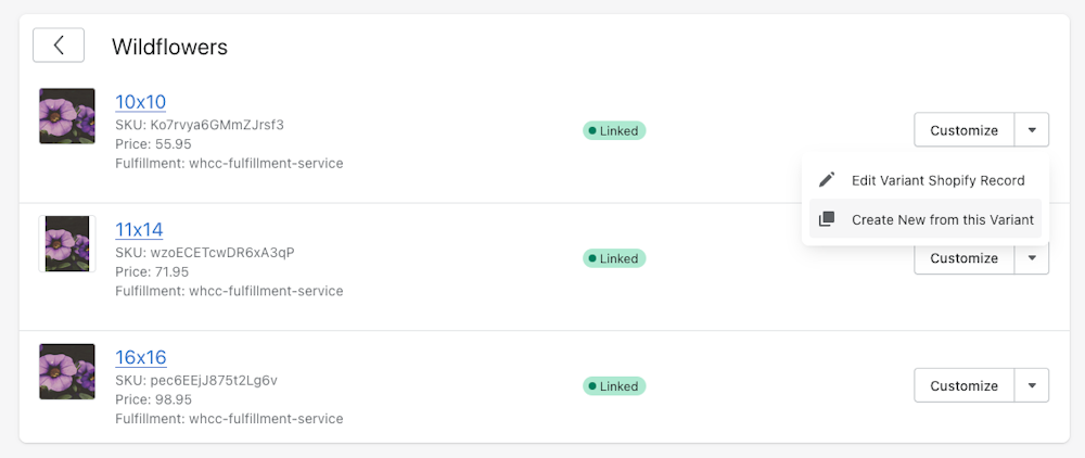 Shopify admin UI of "Wildflower" variant options each with green "Linked" badges "Customize" button options
