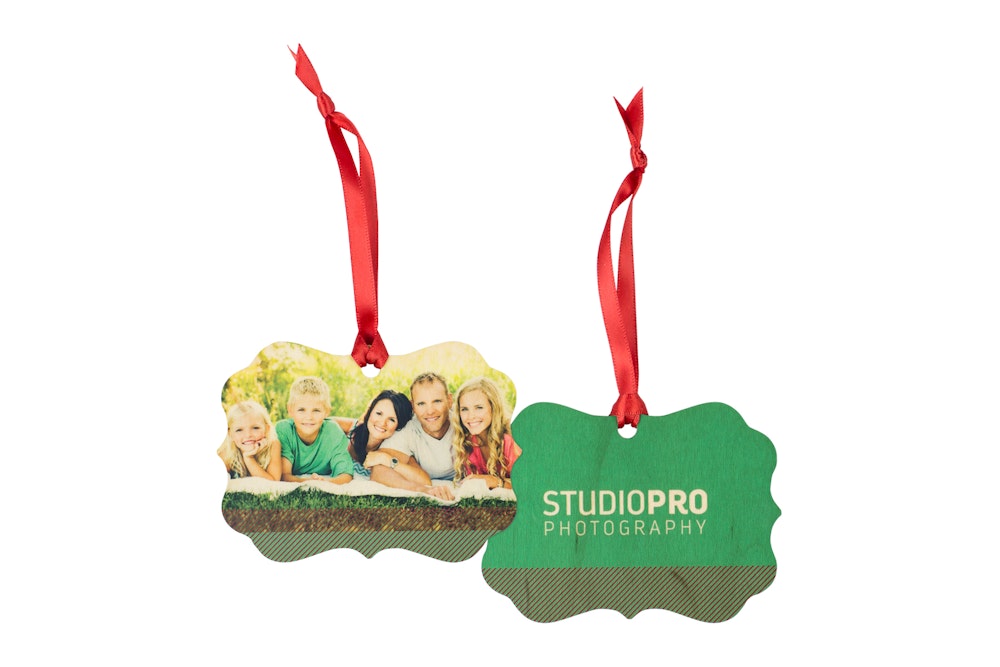 Wood Ornament with family design on front and studio logo on back