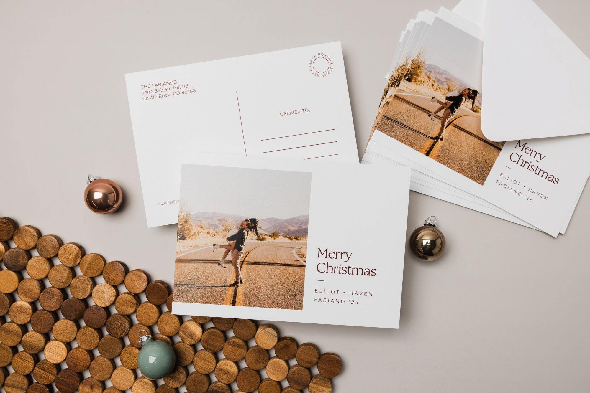Close-up of a holiday card with a semi-gloss photo front and a matte back printed with a return address