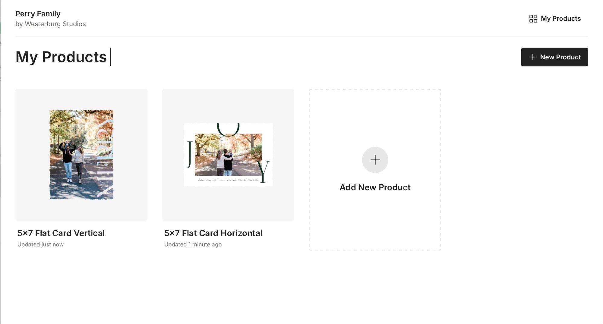 A client's project share link page showing My Products with two 5x7 flat holiday cards and an Add New Product option