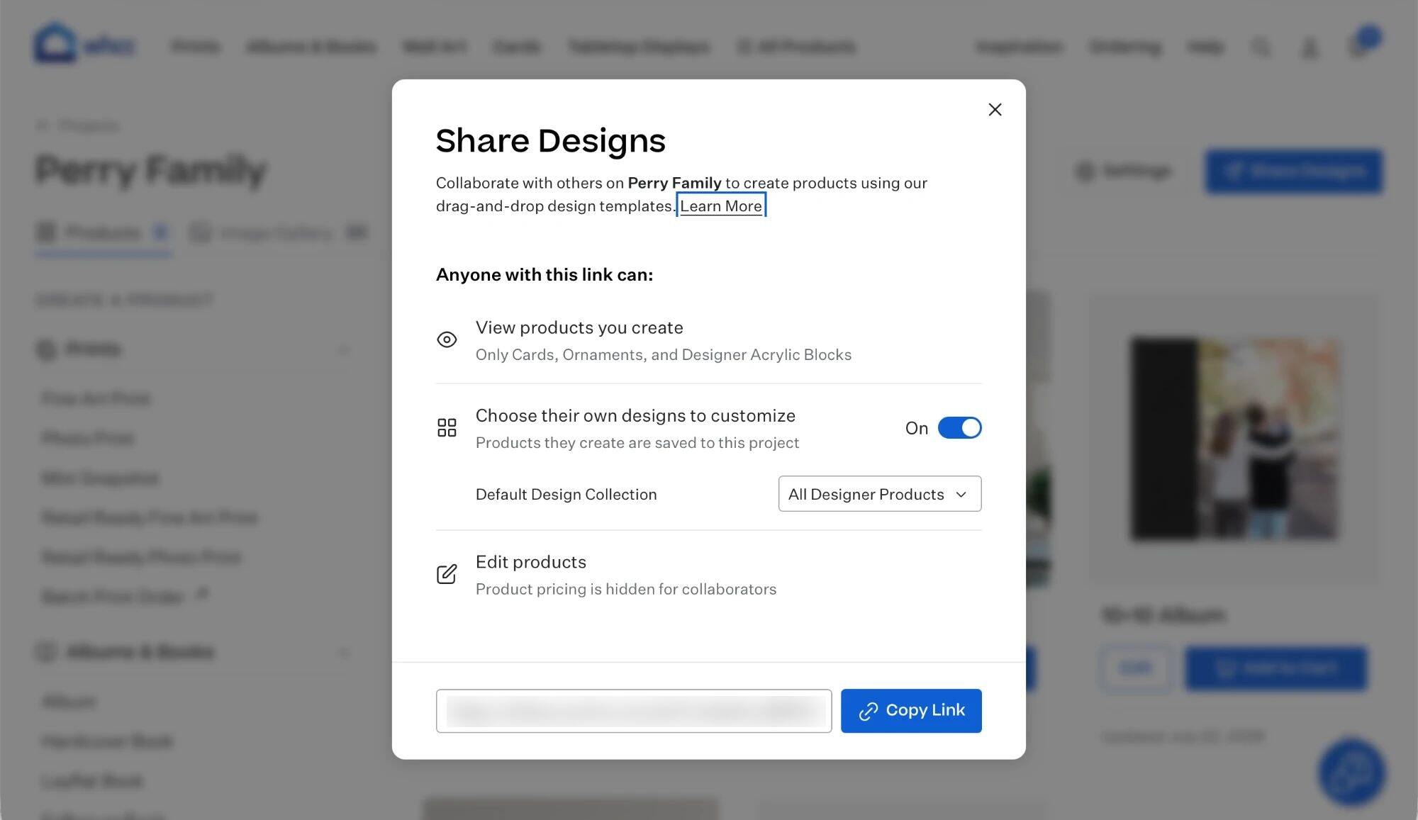 The Share Designs dialog in a Studio project, with the option to let clients choose their own designs to customize turned on