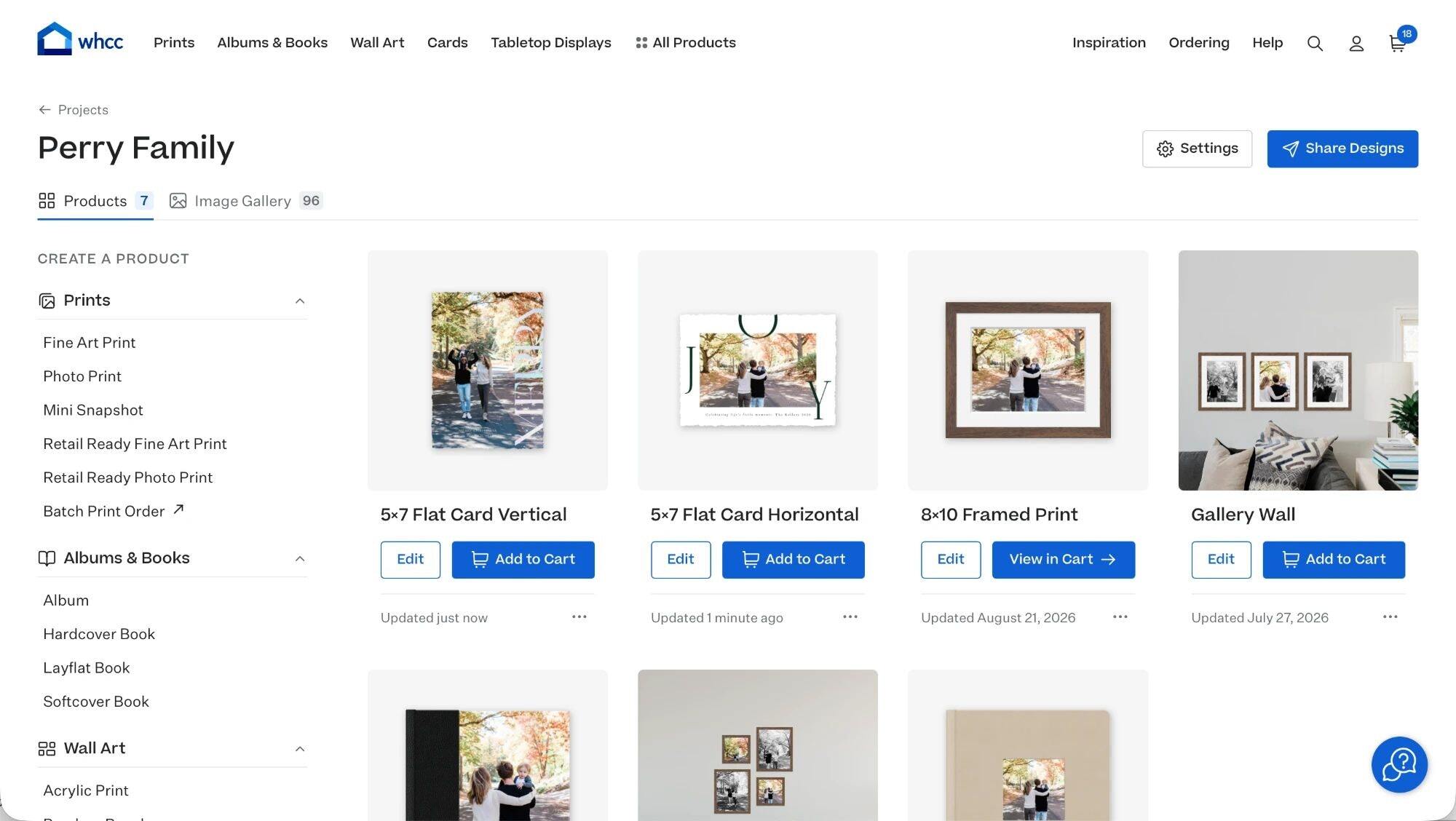 A Studio project for the Perry Family with card designs, a framed print and a gallery wall, and a Share Designs button