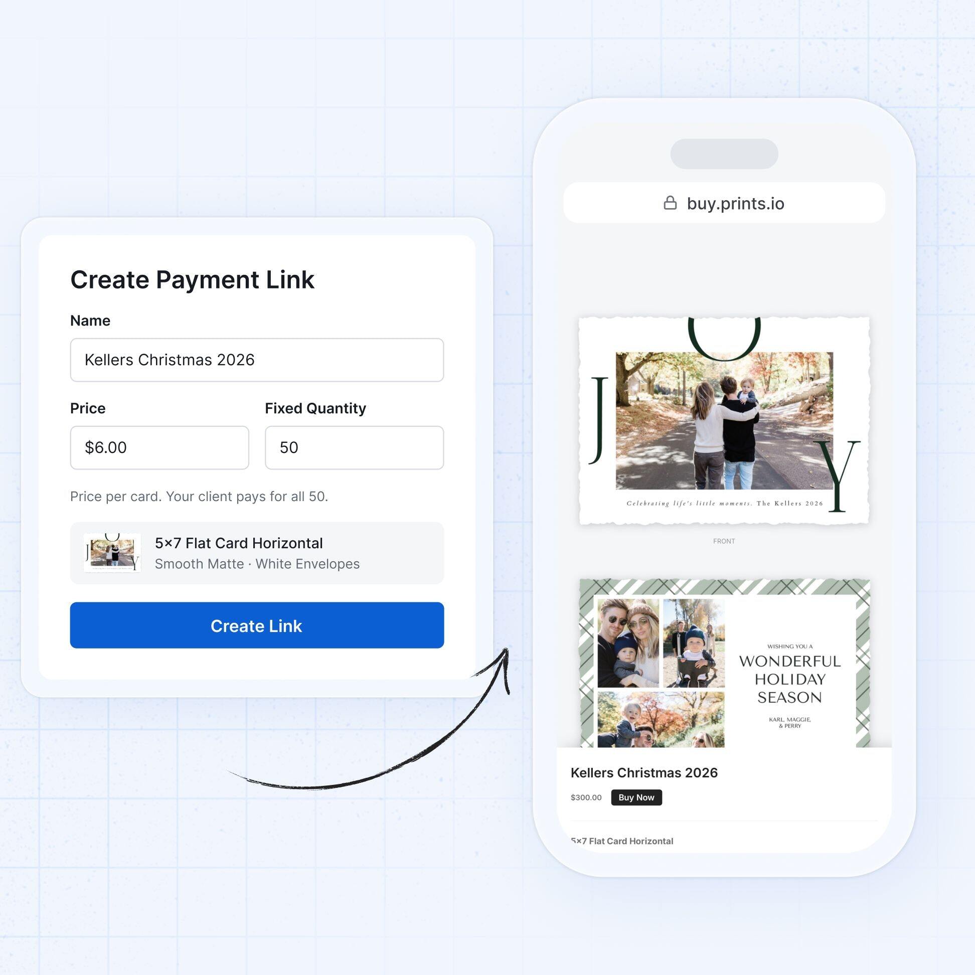 The Create Payment Link form for Kellers Christmas 2026, with an arrow to a phone showing the client's Payment Link page with a Buy Now button