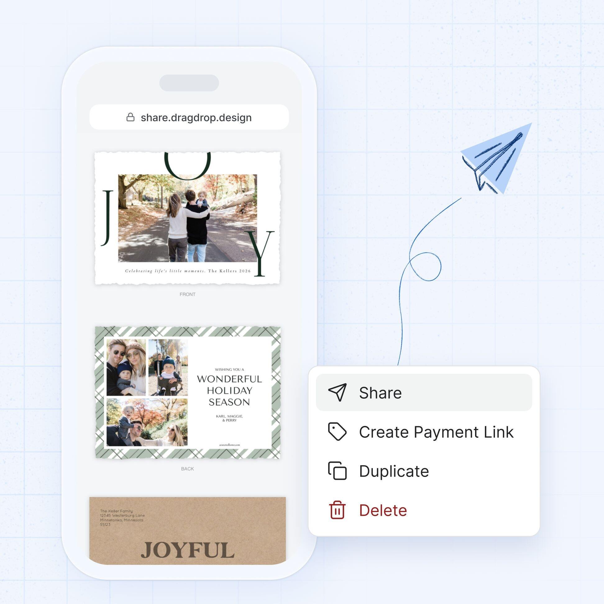 A phone showing a holiday card proof link with the card front, back and envelope, next to a product menu open to Share