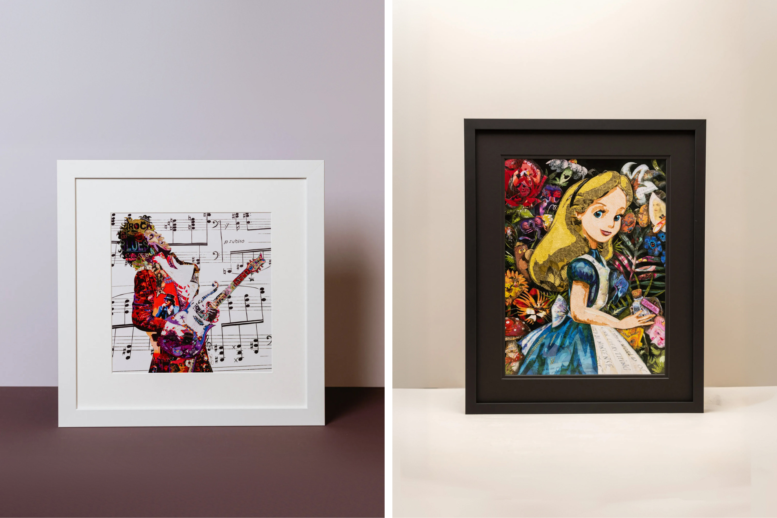Collage of framed artwork by Kristi Abbot. Prince print is in a square Gallery White frame moulding with a white mat, and Alice in Wonderland print is in a Gallery Black frame moulding with a double black mat.