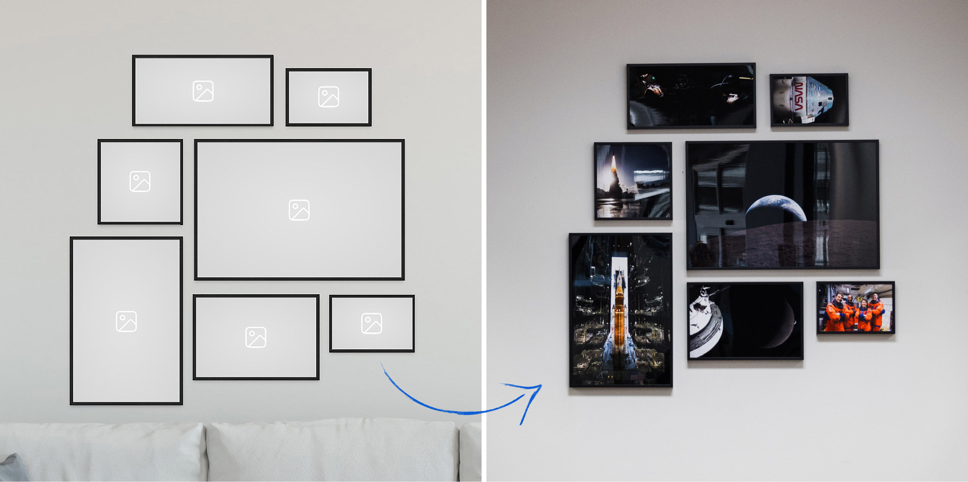 Two images side-by-side: the first of a gallery wall template featuring seven framed prints of varying sizes, and the second the same layout filled with NASA Artemis II imagery professionally printed and installed on the wall