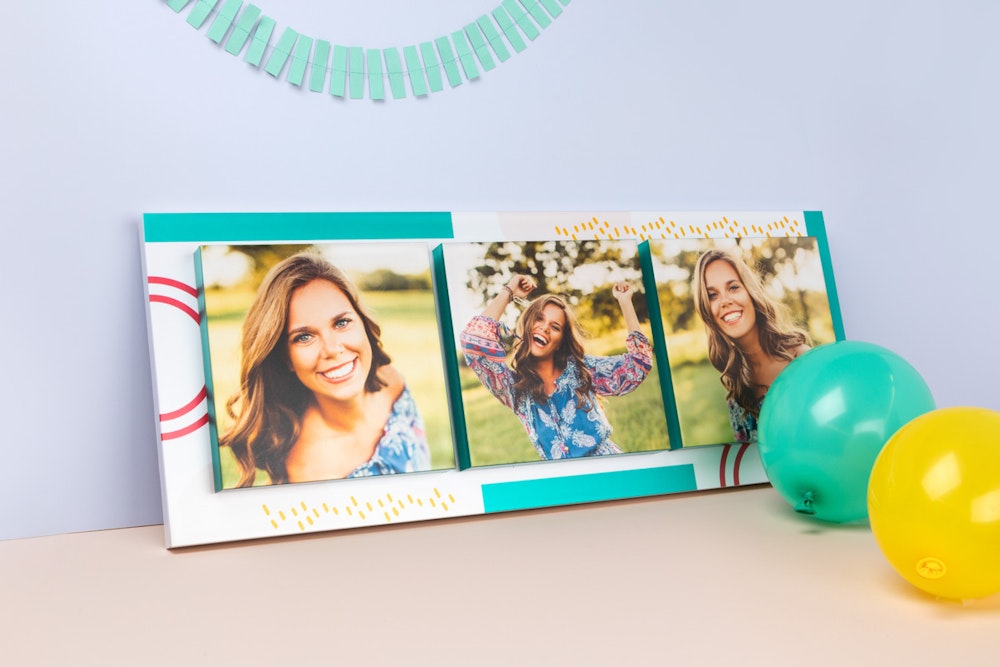 Senior graduation photography printed on multi-block Image Block design with colorful shapes, styled with party ballons and streamers