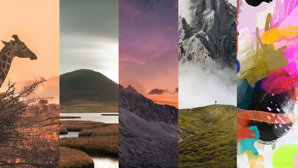 Collage of nature and abstract artwork images featuring mountains, hills, sunsets, and a giraffe