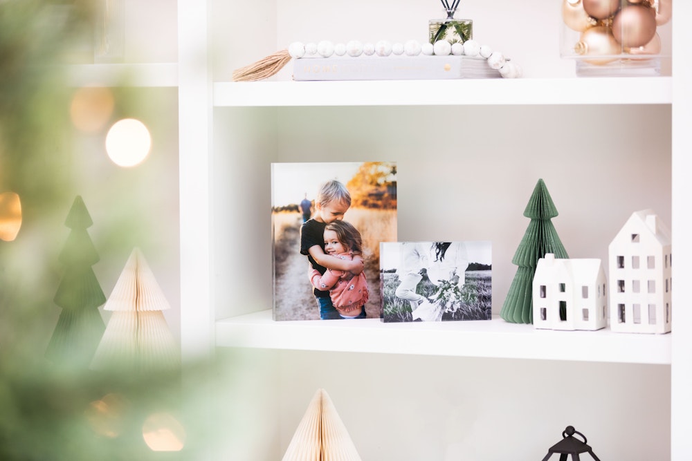 Acrylic Blocks on shelf with holiday styling