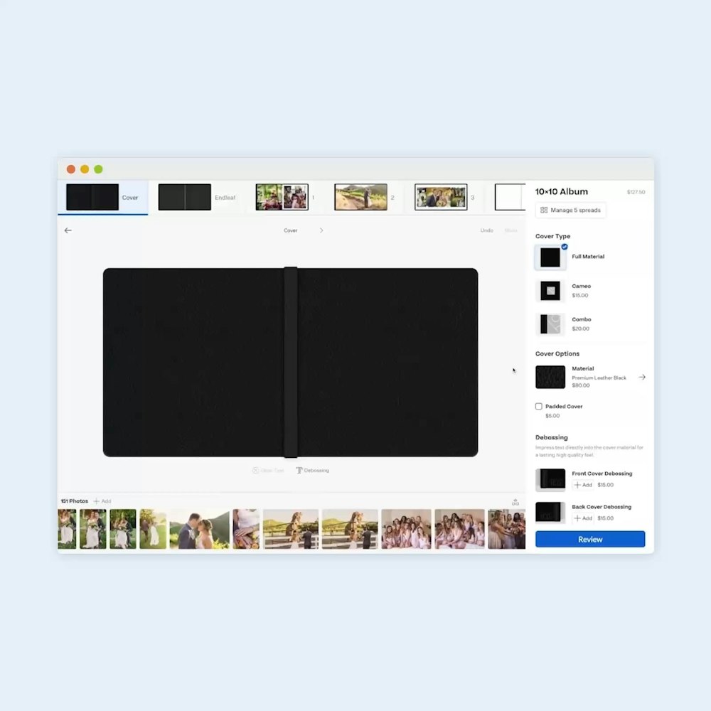 WHCC album & book designer in browser on a light blue background