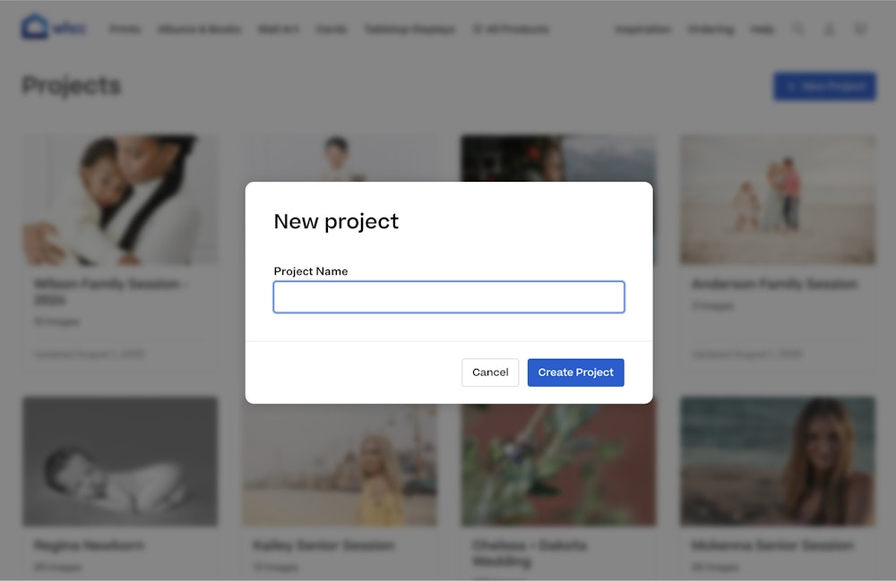 New project modal open over grid of projects on My Projects page
