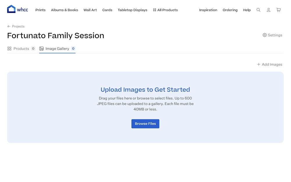 Project image gallery tab displaying an empty state message, "Upload Images to Get Started" with a "Browse Files" button